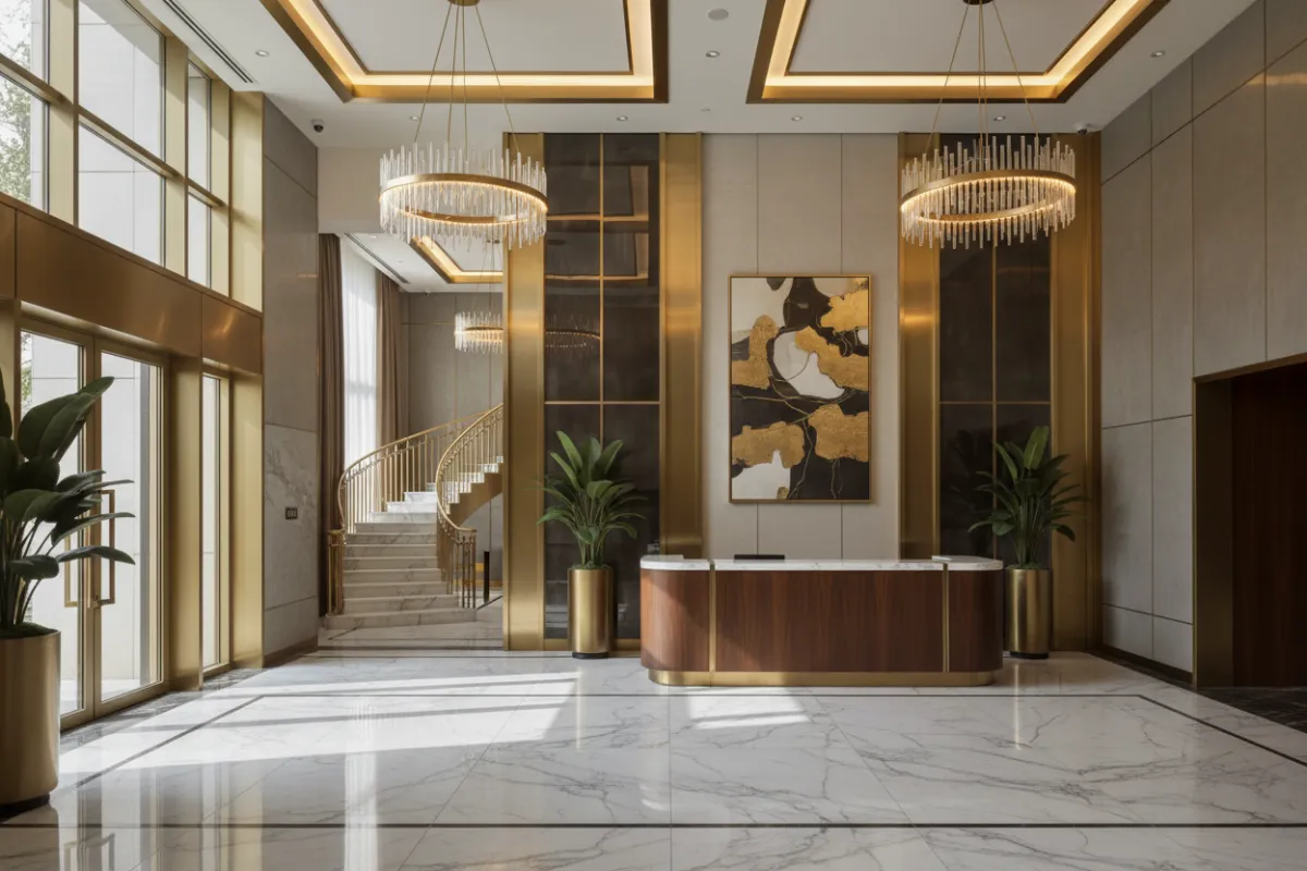 Polished entry lobby with brass details, marble flooring and concierge desk, evoking luxury arrival experience and premium finishes.