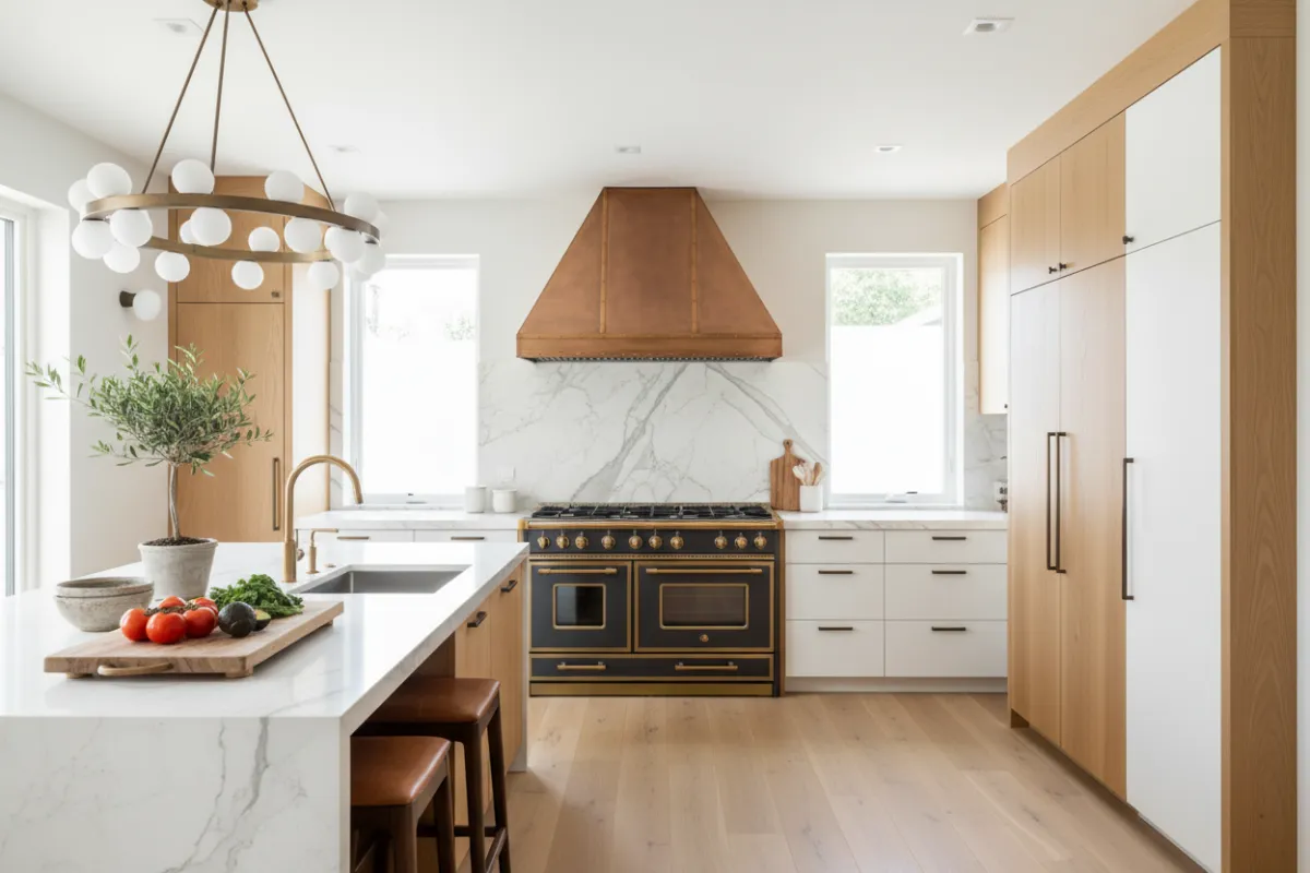 Kitchen interior highlighting premium finishes, gas range and island prep area.