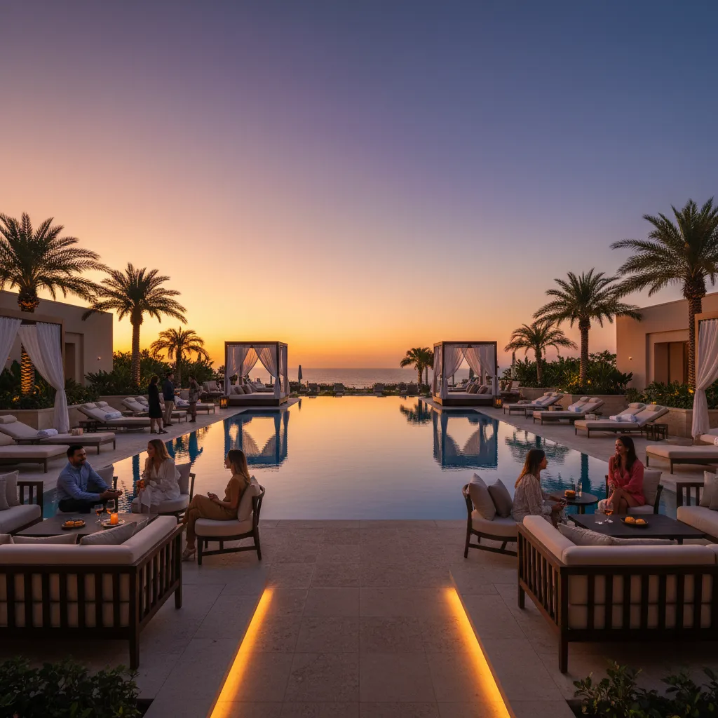 Pool deck at golden hour with lounge seating, cabanas, and subtle landscape lighting.