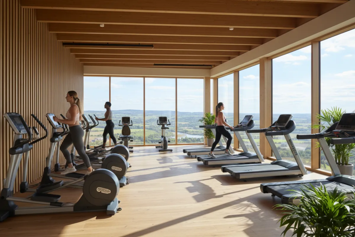 Fitness center with cardio equipment, natural light and warm wood details.