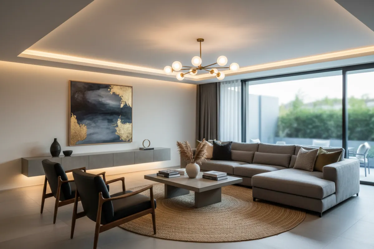 Stylish lounge with sectional seating, contemporary lighting, and curated decor.
