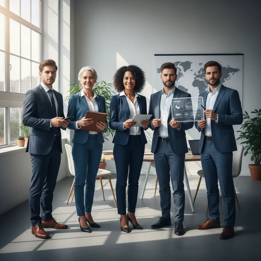 A diverse team of financial consultants standing together in a bright office, each holding a different business tool. The group includes men and women of various ages and backgrounds, symbolizing inclusivity and expertise.
