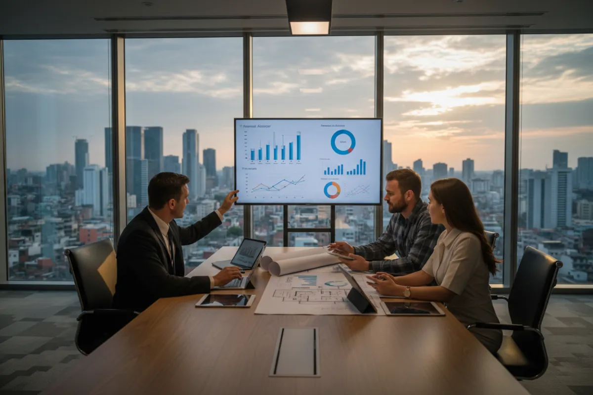 Financial advisor consulting with a builder and investor in a modern office, with charts and blueprints on the table.