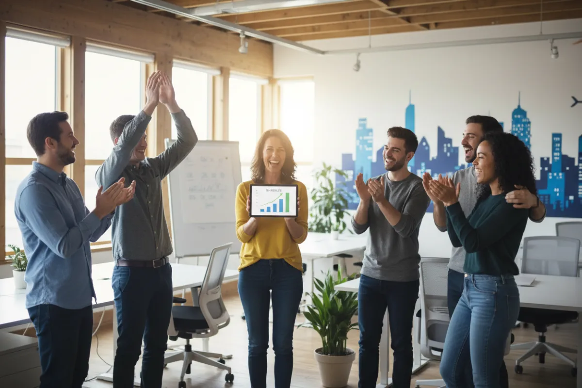 A small business owner celebrating with their team in a renovated workspace, holding a financial report with positive results.