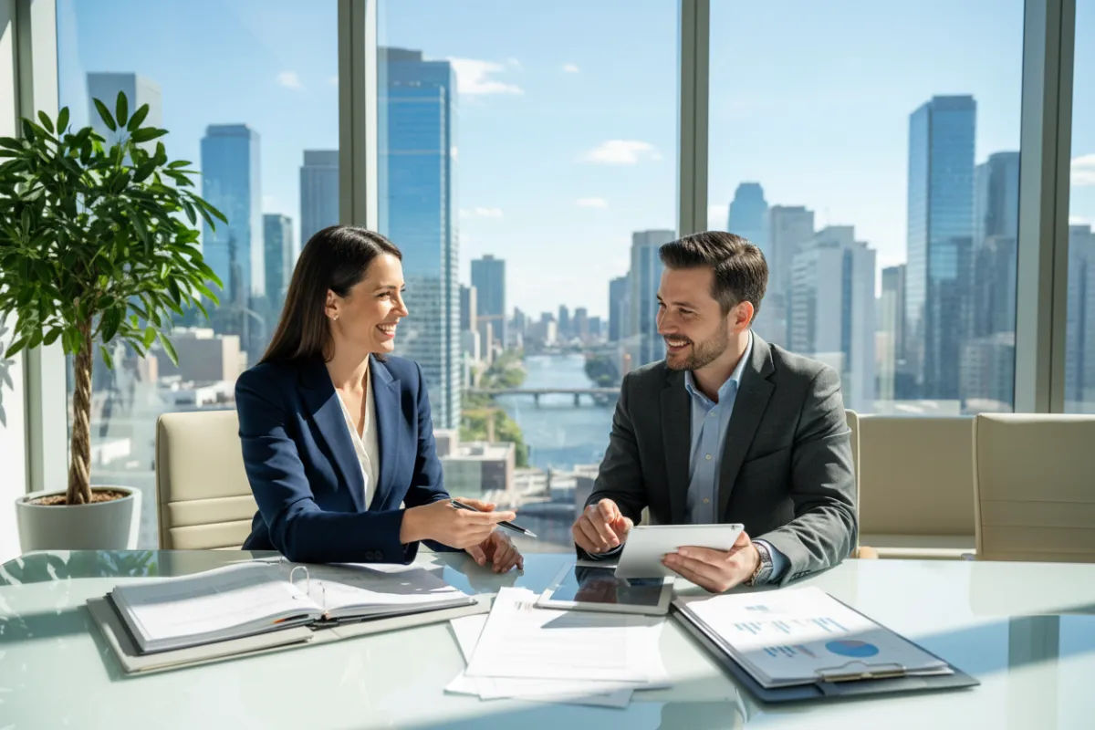 A confident business owner in a modern office, reviewing financial documents with a laptop open, sunlight streaming through large windows, professional attire, diverse team in background, 3:2 aspect ratio, vibrant and optimistic mood.