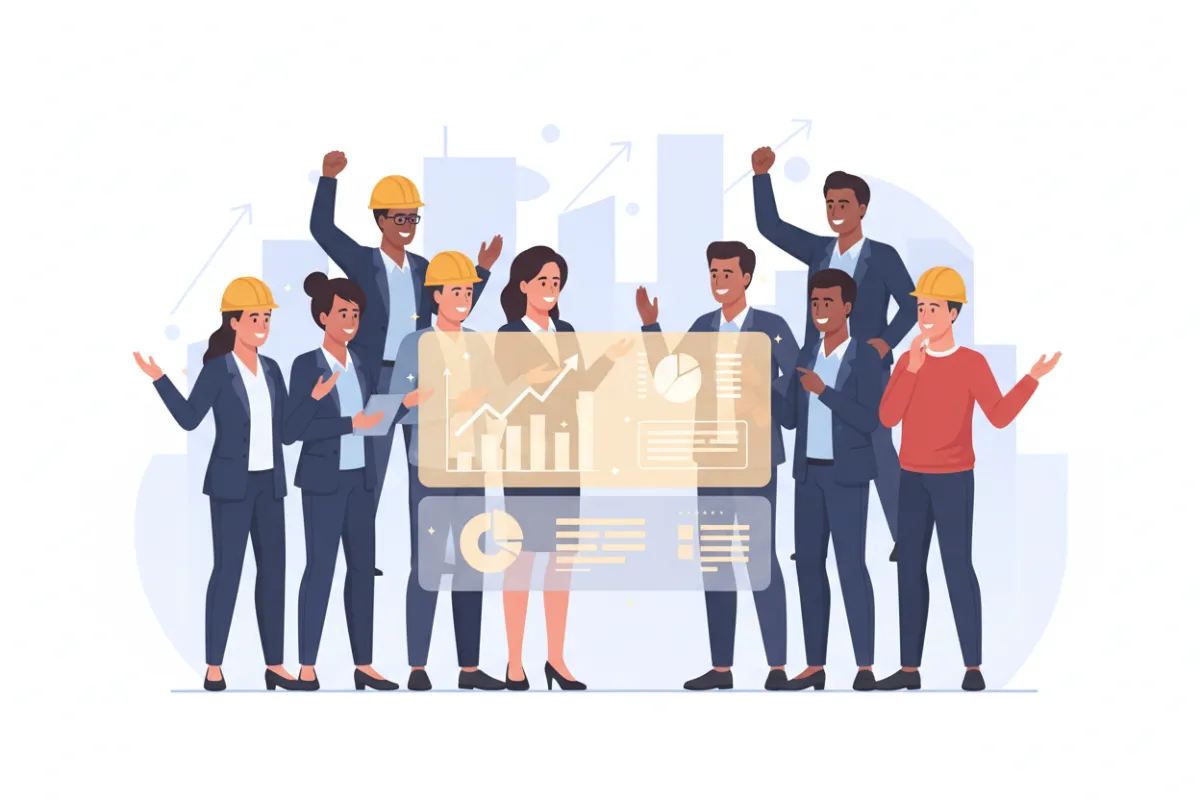 A vibrant digital illustration showing a diverse group of business professionals—small business owners, real estate investors, and builders—gathered around a large, glowing financial dashboard. The background features abstract cityscape elements and upward-trending graphs, symbolizing growth and expertise.