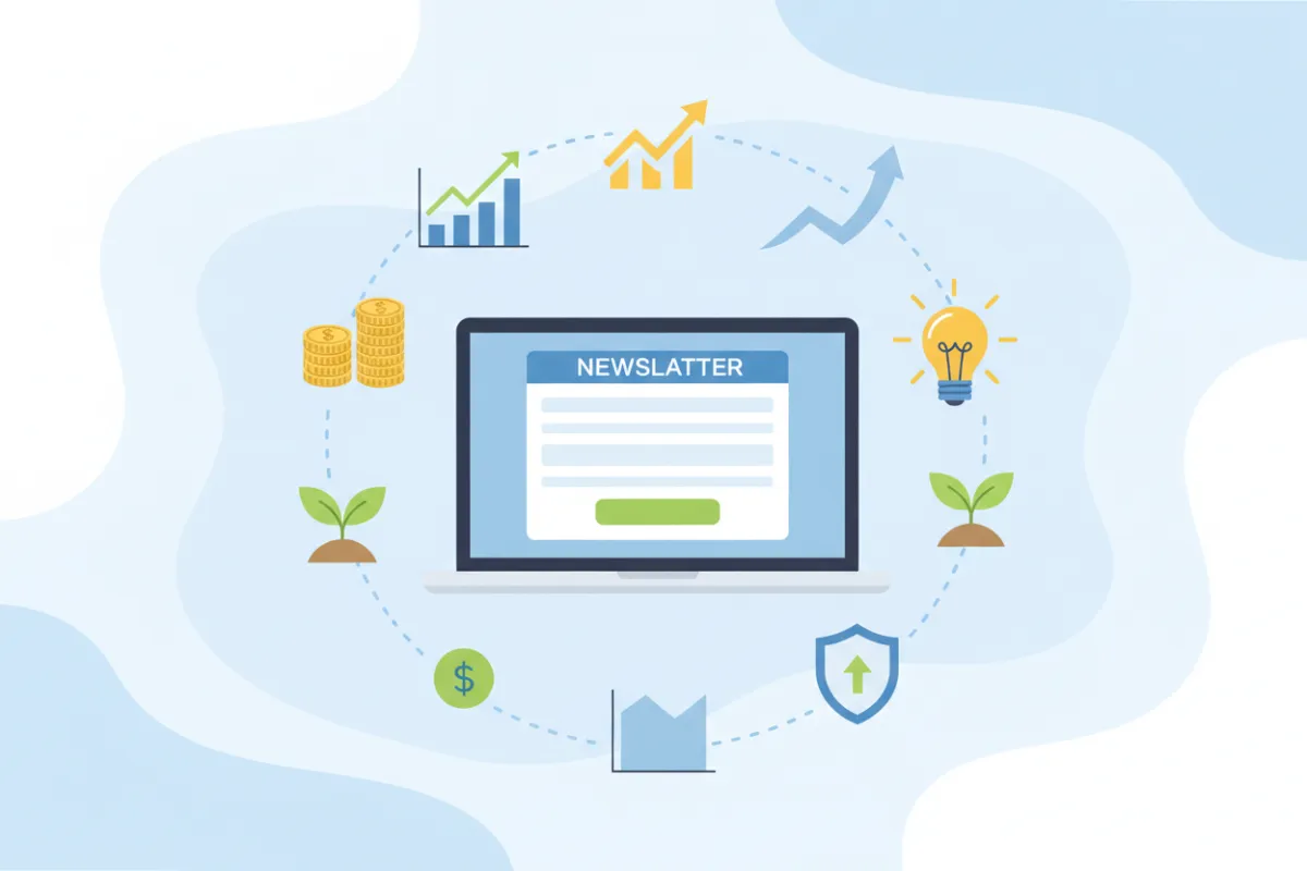 A flat vector illustration of an open laptop with a newsletter signup form on the screen. Around the laptop are floating icons representing financial growth, such as coins, graphs, and a lightbulb, all set against a soft blue and white background.