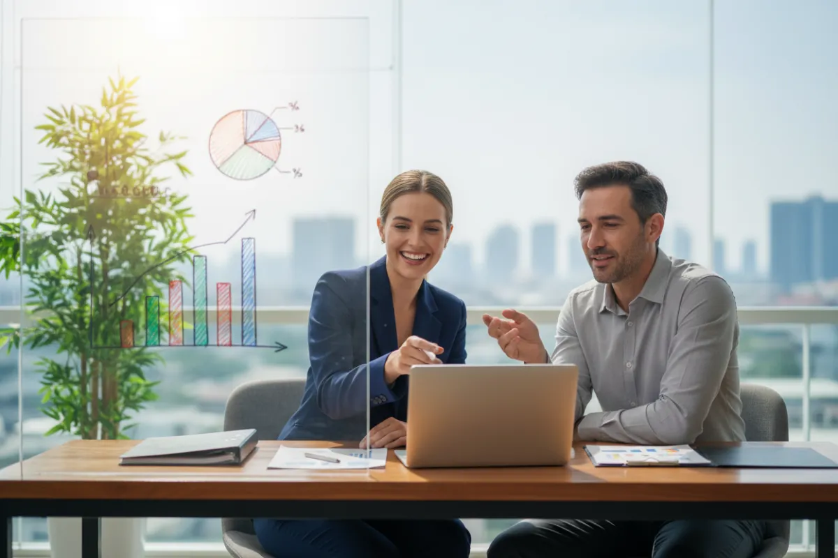 A professional financial advisor in a modern office, reviewing documents with a small business owner. Both are smiling, with a laptop and charts visible, conveying trust and expertise. The background is softly blurred, focusing on their interaction.