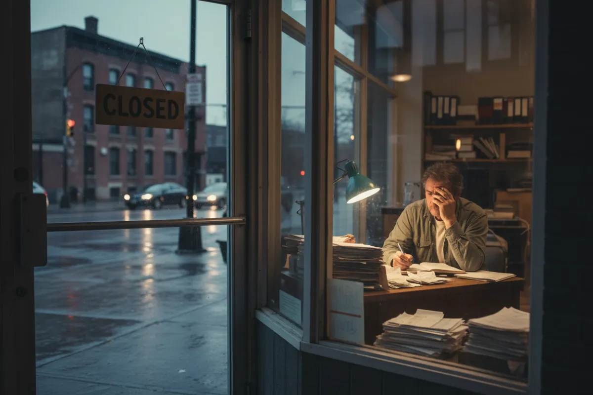 A small business storefront with a closed sign, owner looking concerned while reviewing bills, urban setting, muted colors, 3:2 aspect ratio, sense of urgency and challenge.