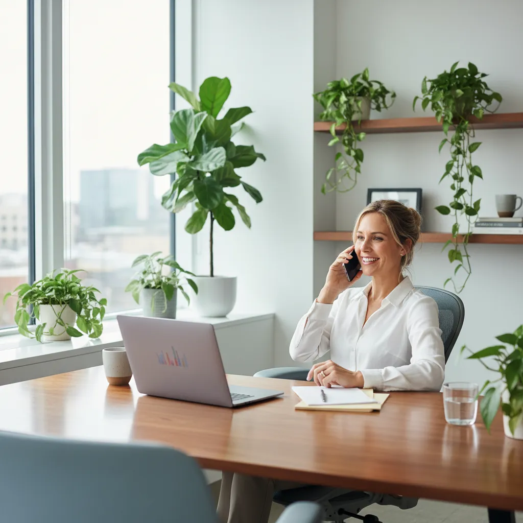 A friendly financial advisor speaking on the phone in a modern office, surrounded by plants and natural light, with a laptop open and notes on the desk. The advisor is smiling, conveying approachability and professionalism.