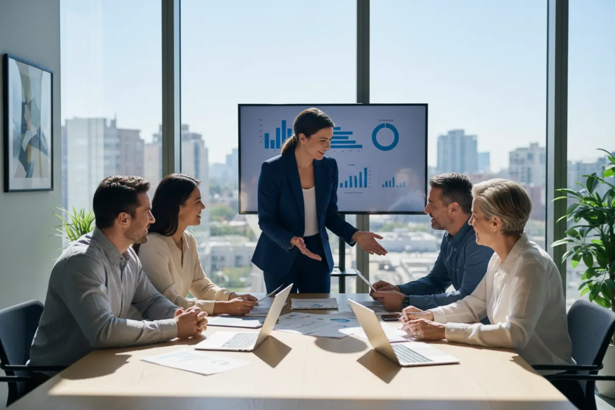 A diverse group of adults reviewing financial documents together at a modern table, sunlight streaming through large windows, with a confident advisor guiding them. The setting is bright, professional, and optimistic, reflecting empowerment and trust.
