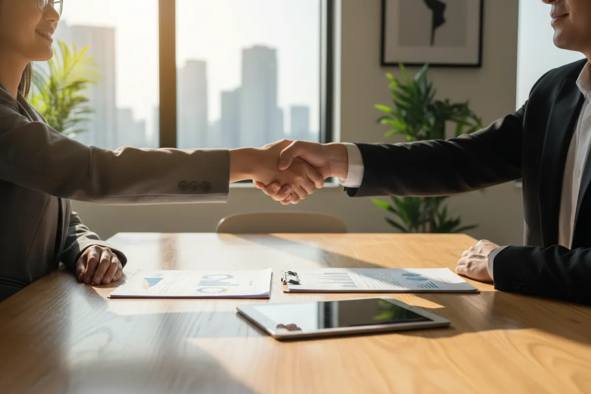 A small business owner shaking hands with a financial consultant across a conference table, with financial reports and a digital tablet visible. The setting is a sunlit office, emphasizing partnership and trust.