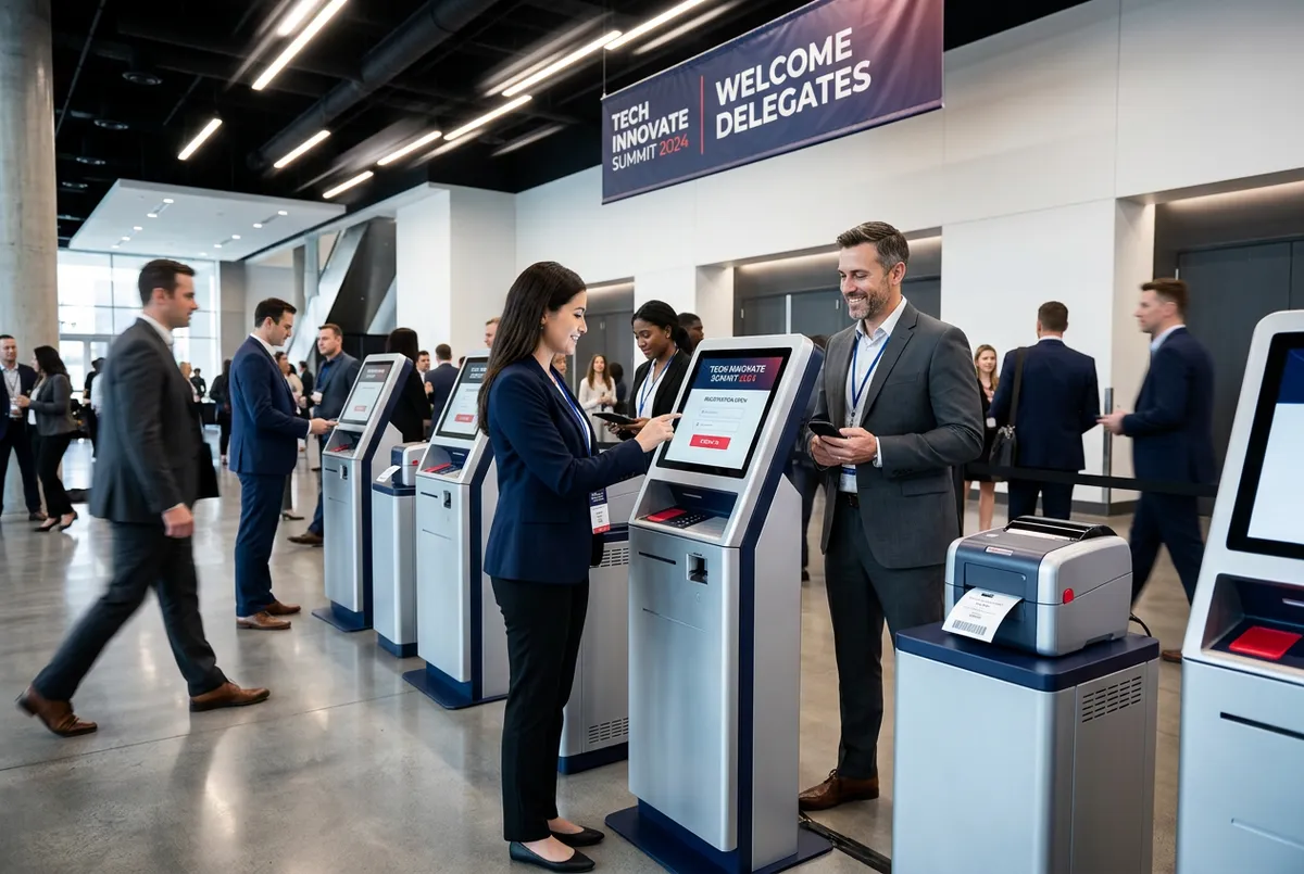 Rapid check-in and custom badge printing kiosks at an annual technology summit