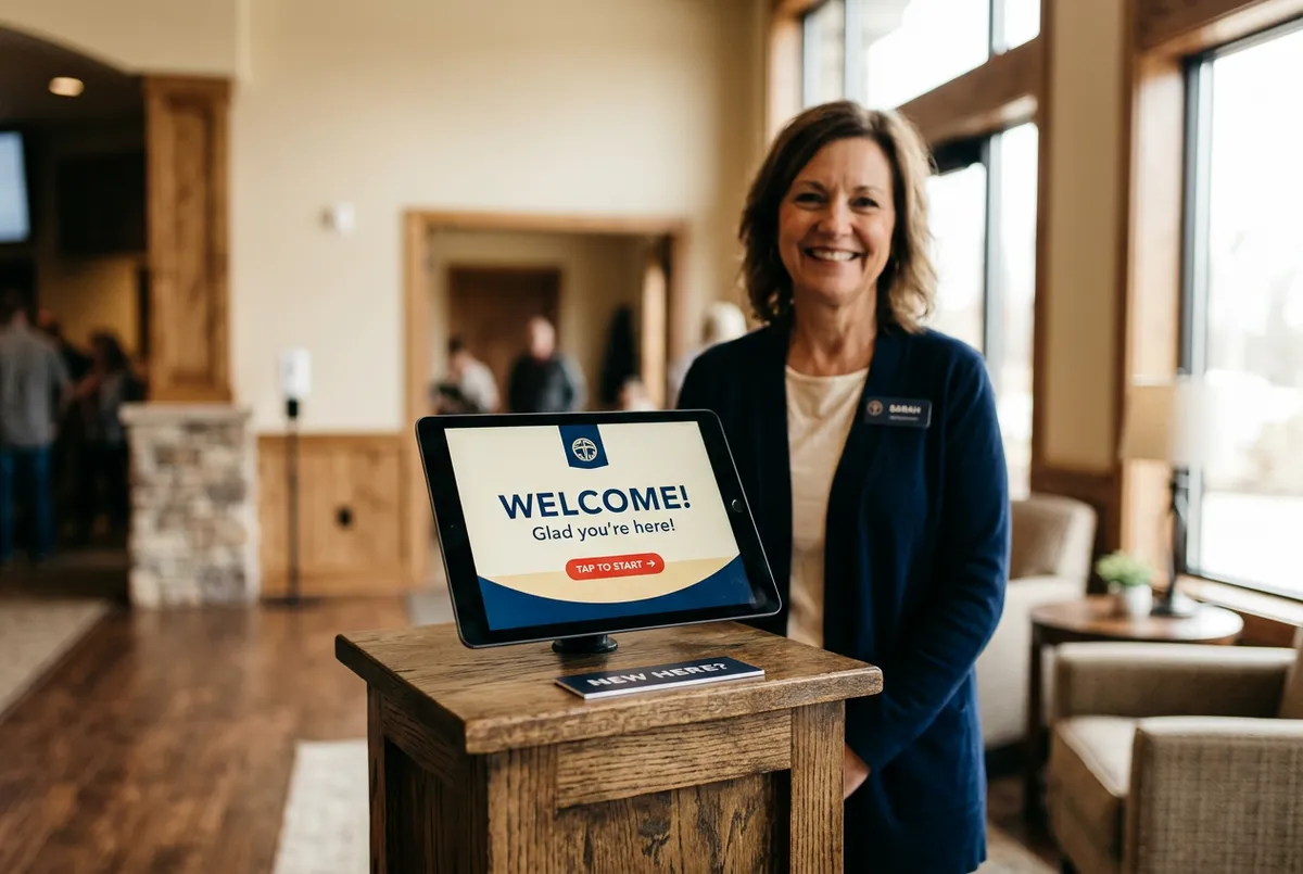 Friendly tablet welcome station in a community church entrance