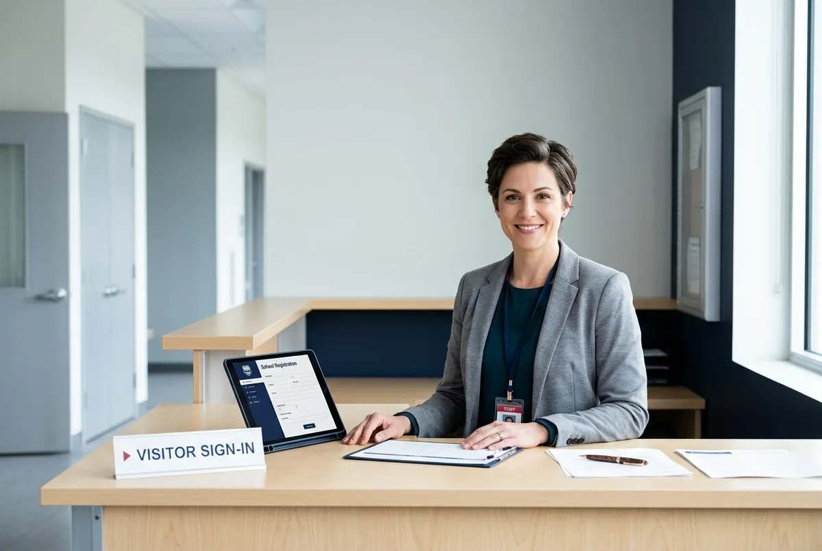 Secure visitor sign-in station at private school main security office