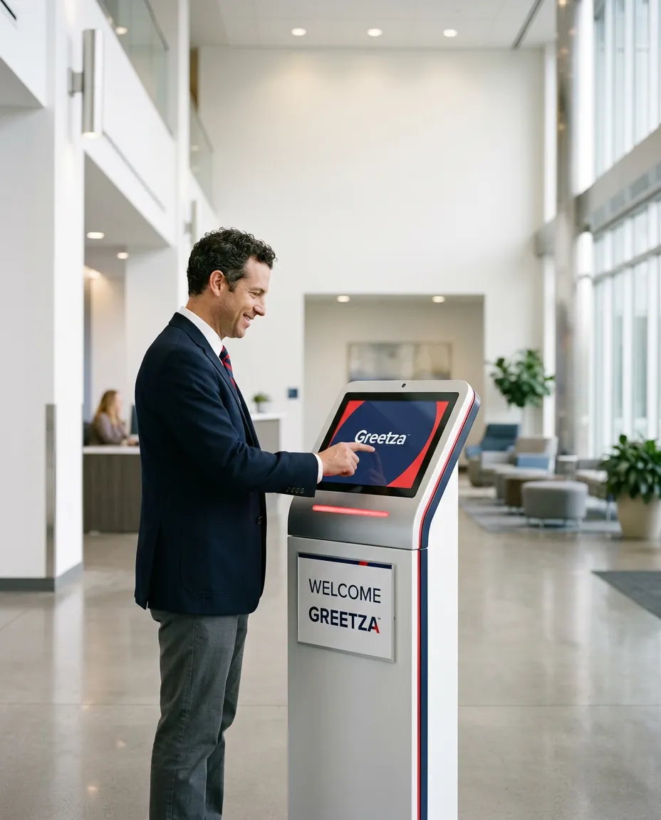 Corporate visitor seamlessly checking in using an interactive lobby kiosk