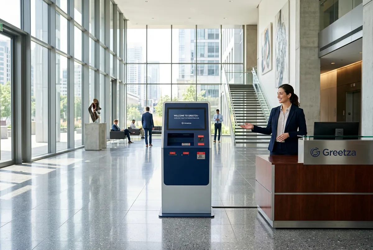 Greetza self-service check-in kiosk deployed in a sunlit enterprise corporate lobby