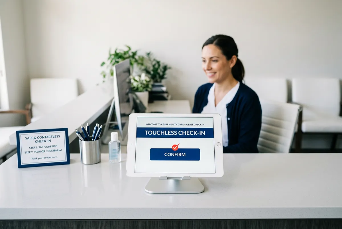 Touchless visitor sign-in kiosk in outpatient medical center waiting room