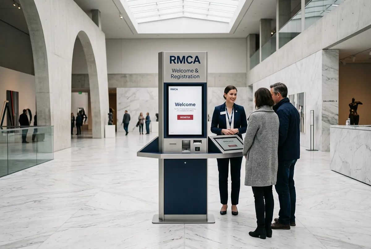 Sleek visitor registration kiosk inside a contemporary art museum atrium