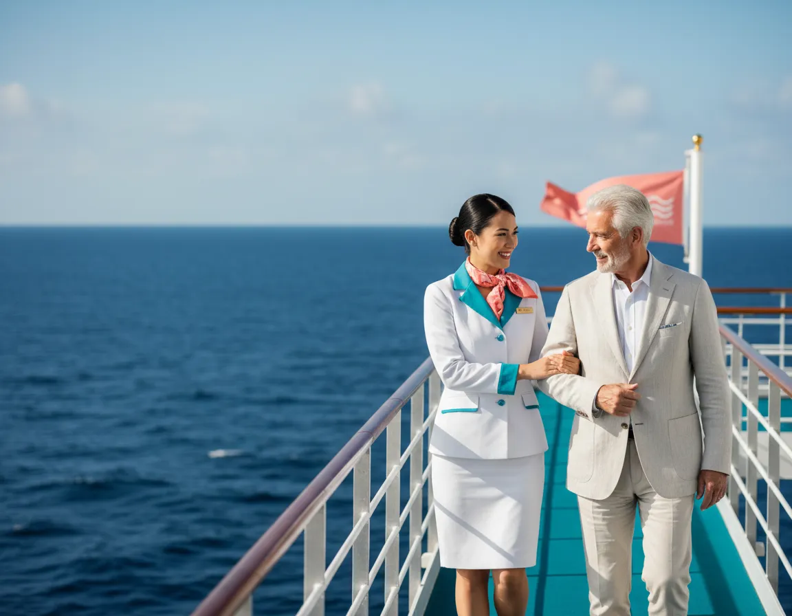 Smiling, supportive staff members assisting happy older adults with boarding the cruise ship