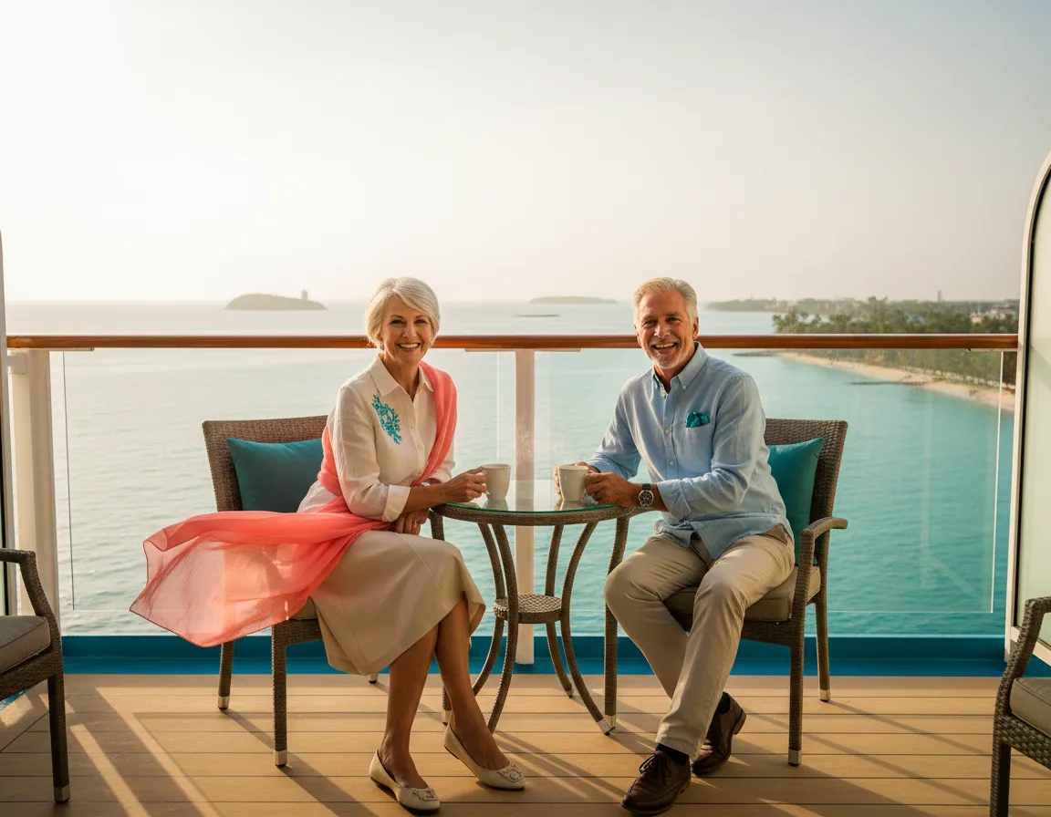 Older couple relaxing comfortably on a cruise ship balcony overlooking the ocean