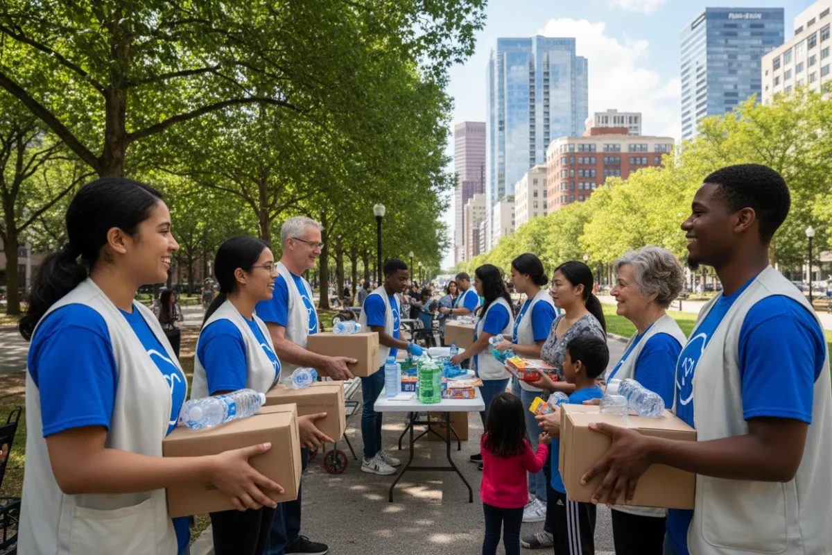 Volunteers of various ages distributing food and supplies outdoors in a city park. The group is smiling and interacting warmly with local families, with trees and city buildings in the background, reflecting active community outreach and service.
