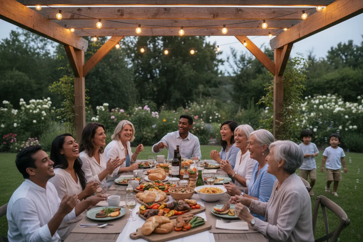A multicultural group of families and friends share a meal outdoors under string lights. Laughter and conversation fill the air, with children playing nearby and elders exchanging stories, creating a vibrant, inclusive sense of belonging.