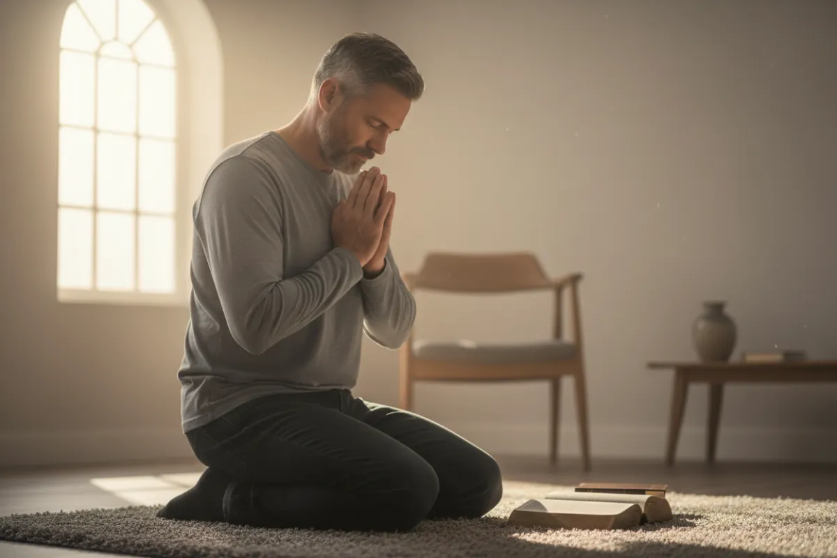 A middle-aged man kneels in a quiet room, hands clasped in prayer, with a Bible open beside him. Soft morning light filters through a window, illuminating his peaceful expression and creating a serene, contemplative mood.