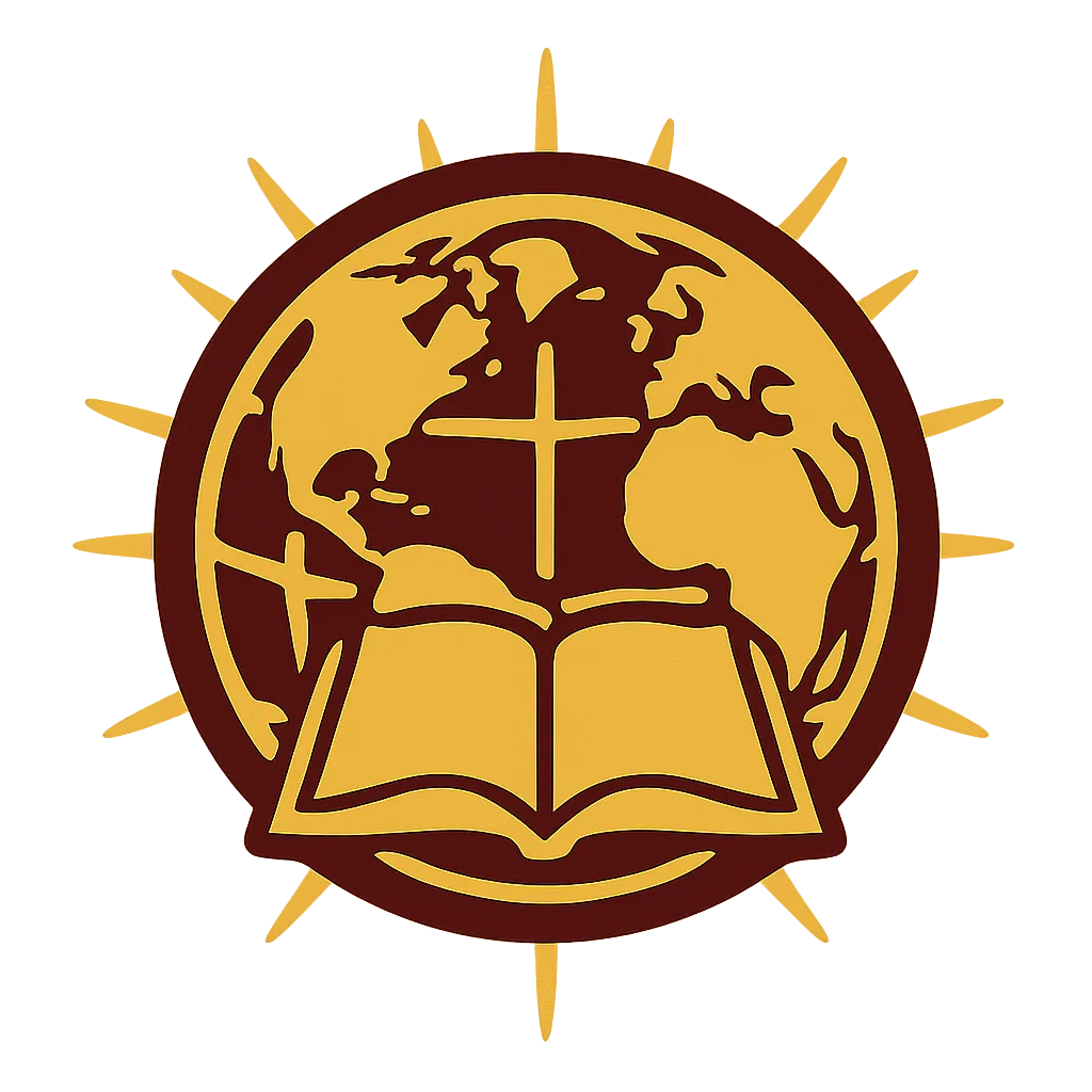 A stylized ministry seal featuring a golden globe overlaid with an open Bible, rendered in a flat vector style.
