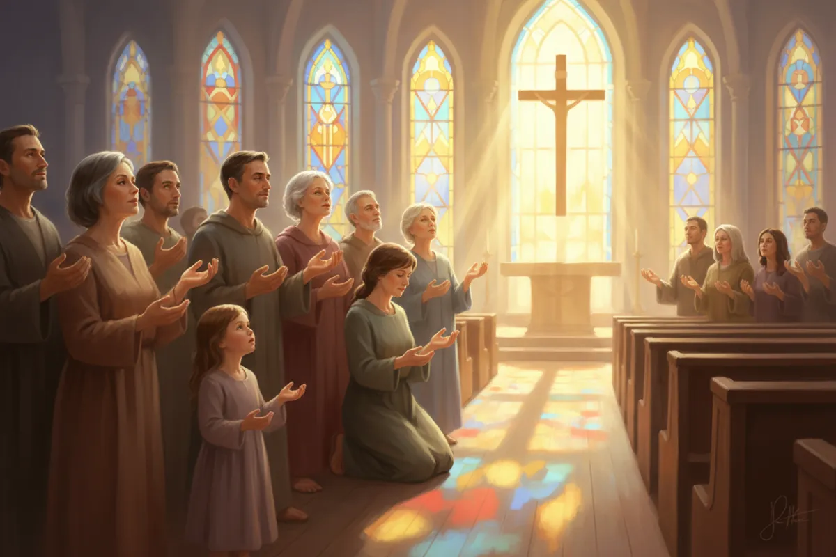 A diverse group of people, young and old, stand in a sunlit sanctuary, hands gently raised in worship, with warm golden light streaming through stained glass. The background features soft, blurred pews and a cross, evoking unity and reverence in a painterly, welcoming style.