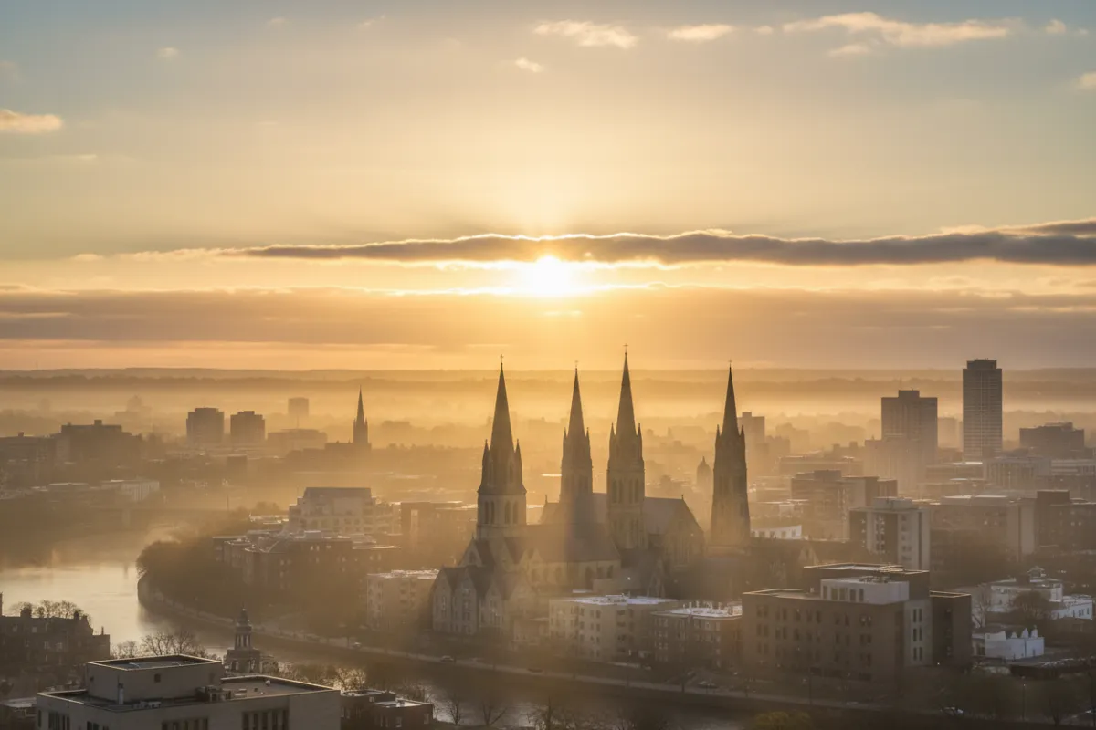 Radiant sunrise over a city skyline with rays of light illuminating church steeples and community buildings, symbolizing hope, renewal, and the collective mission of faith.