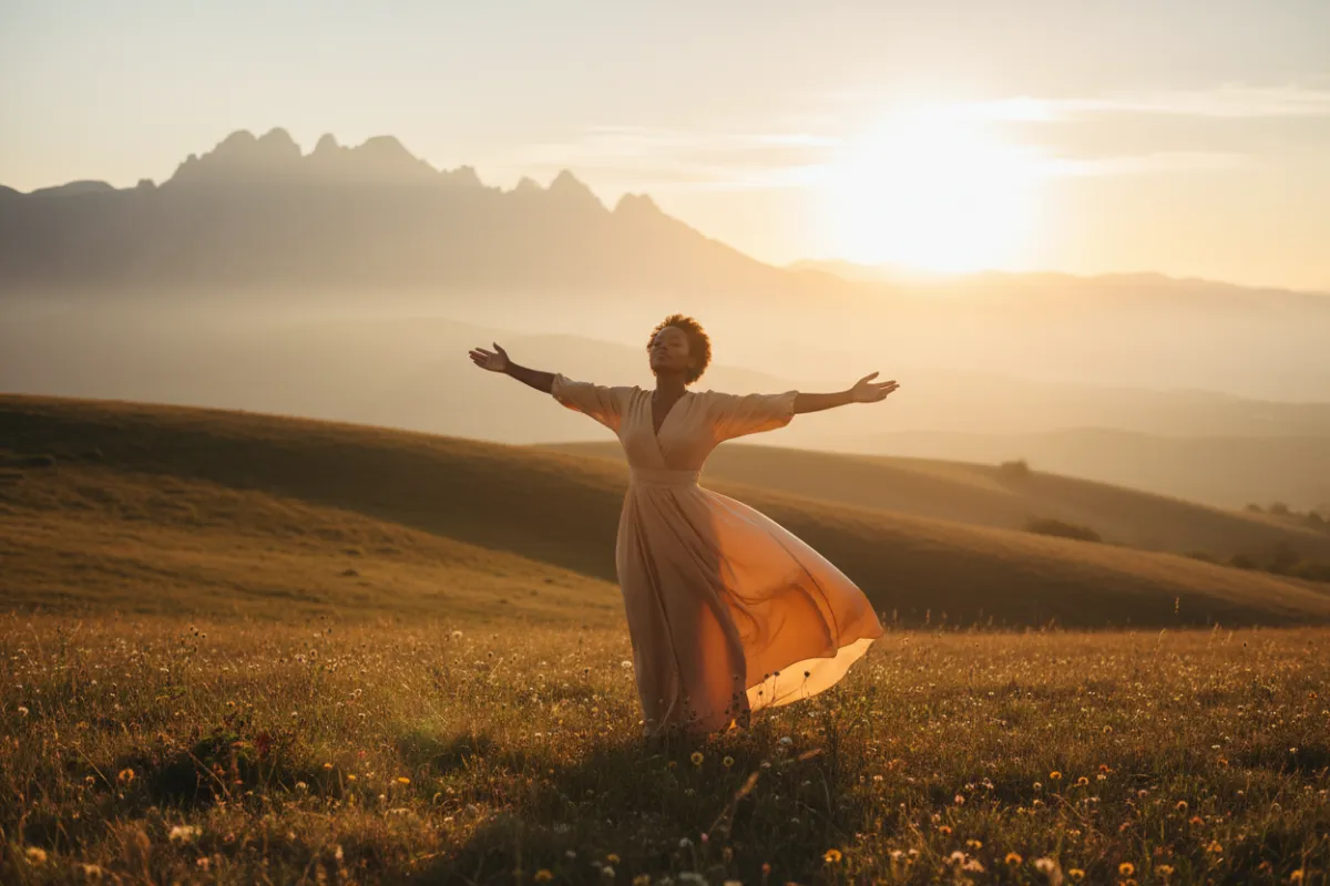 A woman of African descent stands on a hillside at sunrise, eyes closed and arms open, symbolizing trust and surrender. The landscape is bathed in golden light, with distant mountains and a gentle breeze moving her dress, evoking hope and spiritual assurance.