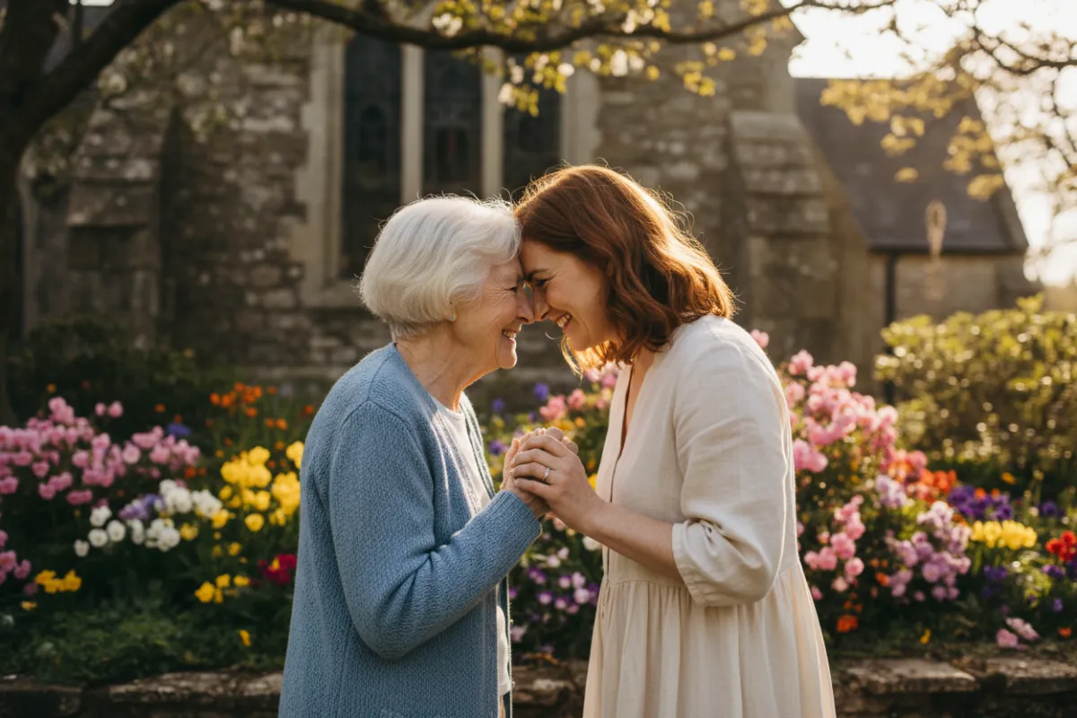 Two women, one elderly and one young, embrace warmly outside a church. Their joyful faces and gentle touch convey deep affection and intergenerational connection, with blooming flowers and soft sunlight enhancing the atmosphere of genuine care.