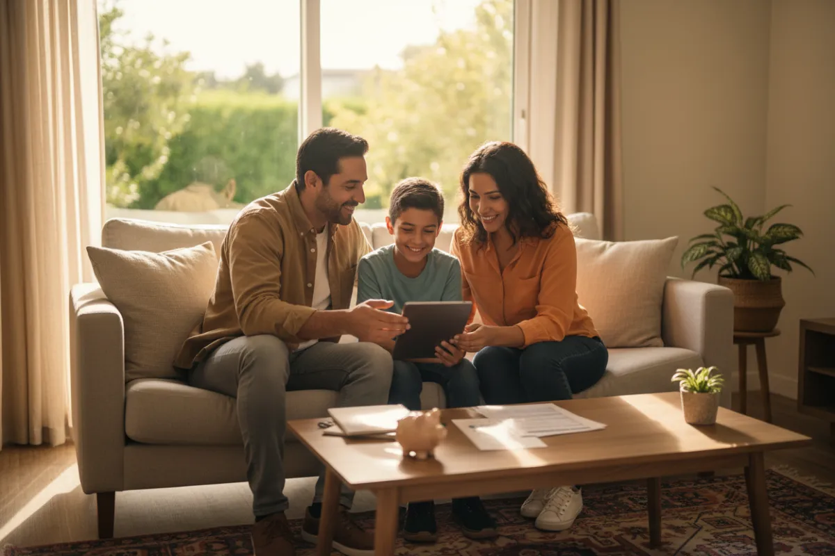 Familia hispana sonriendo en la sala, conversando sobre su futuro financiero y protección.