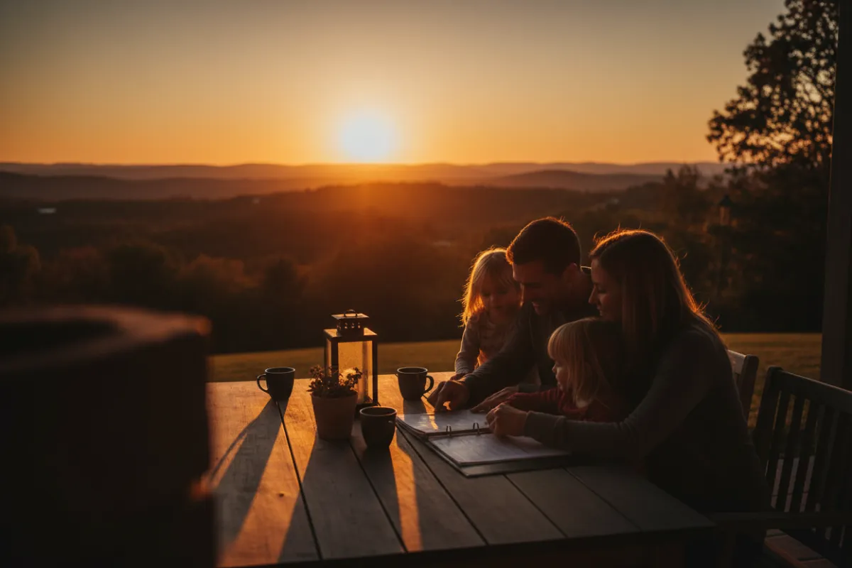 Familia revisando planes de ahorro en una mesa
