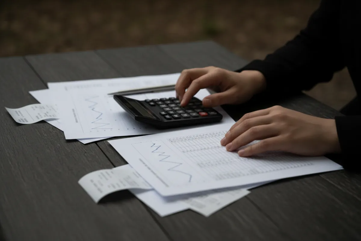 Manos sobre documentos y calculadora en un escritorio