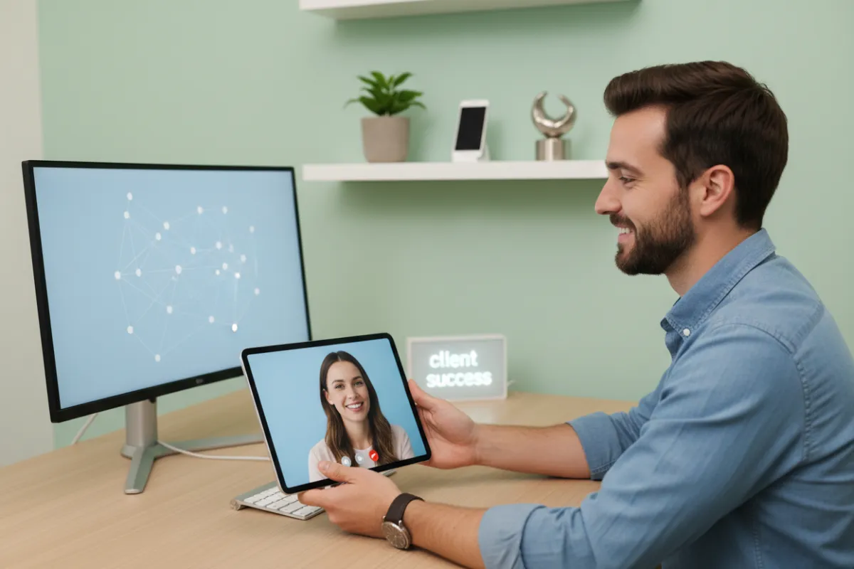 Support specialist assisting a small business owner via video call, both smiling. The background is a tidy, pastel-colored office with subtle tech elements and a welcoming feel.