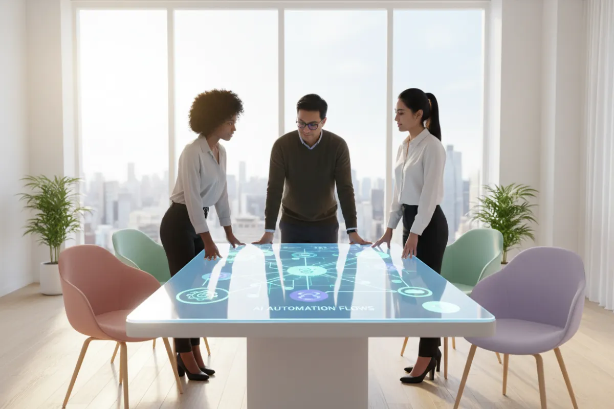 Modern office with diverse small business owners collaborating around a digital dashboard displaying AI automation flows. Soft pastel tones, natural light, and a clean, minimal workspace.