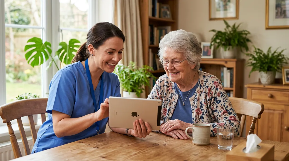 A female caregiver in blue scrubs showing something on a digital tablet to an elderly woman seated at a wooden table in a sunlit room.