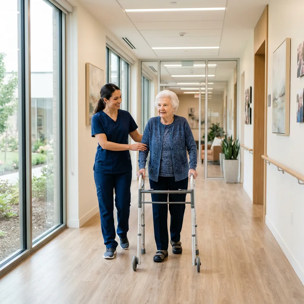 A caregiver walking down a bright, modern corridor assisting an elderly person using a walker.