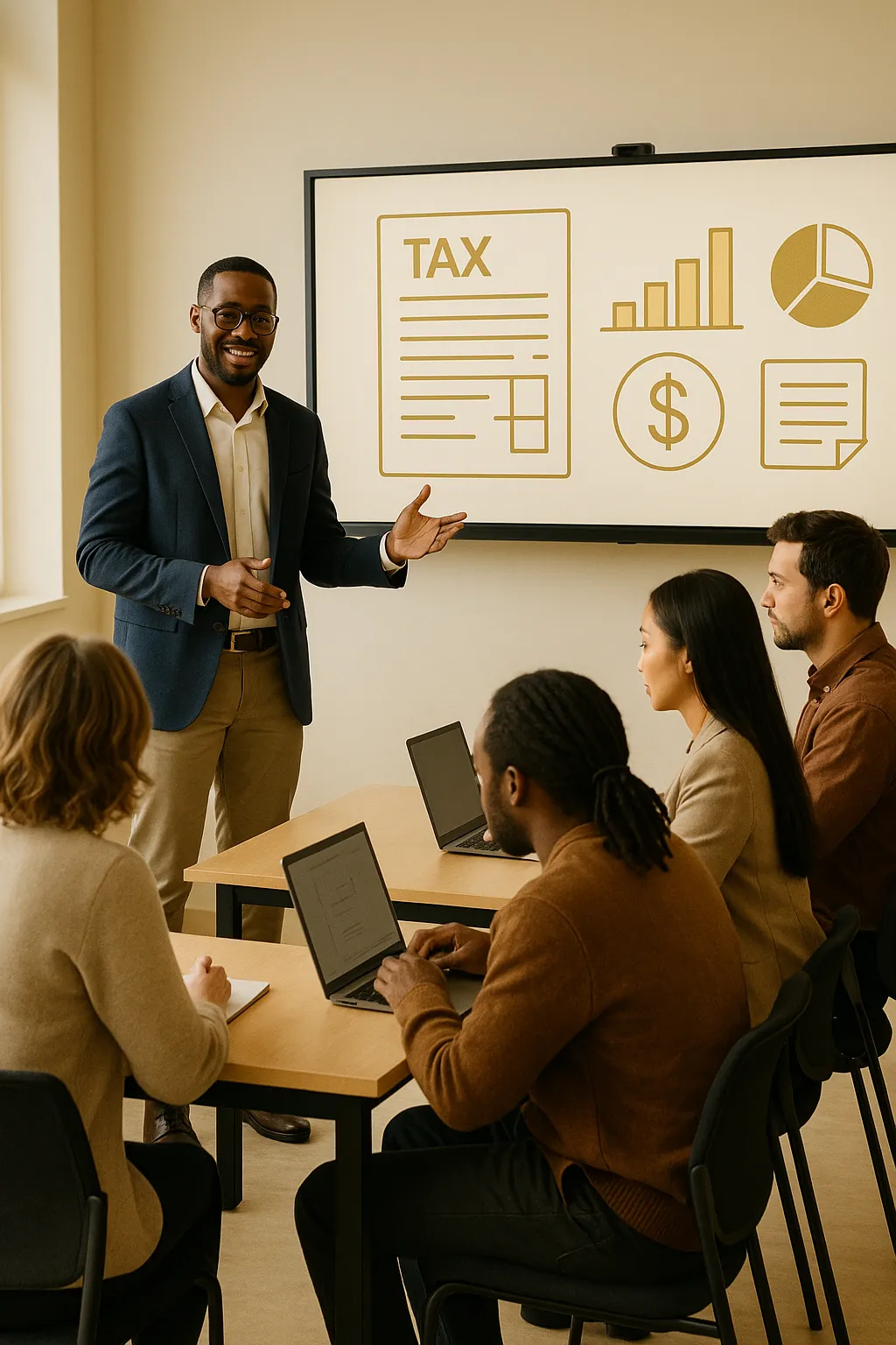 Adult learners in a modern tax school classroom