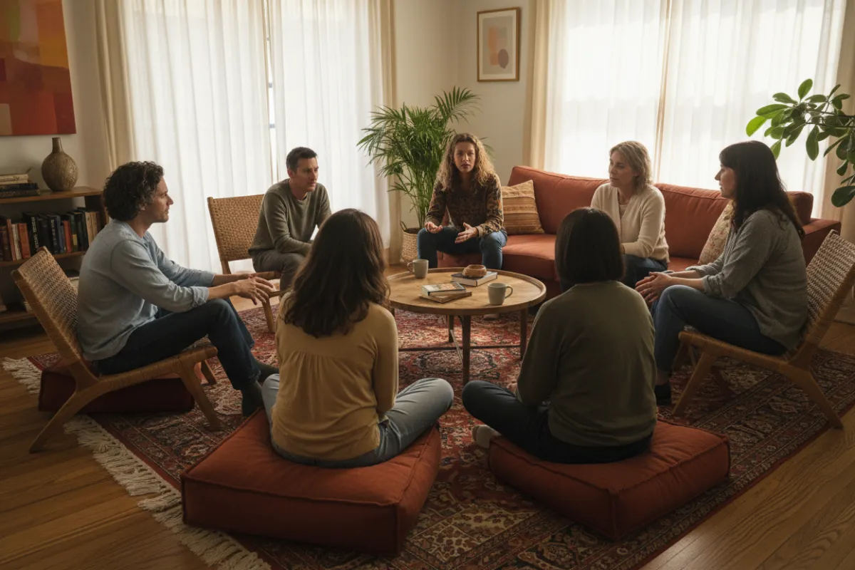 Group of adults seated in a circle having a discussion, candid