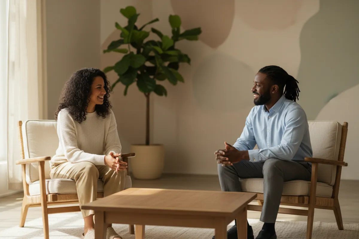 Coach and client seated with appropriate distance, engaged in conversation