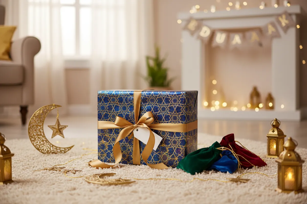 Poster wrapped as a gift with Eid decorations