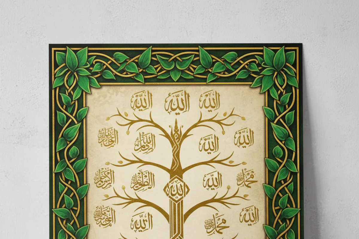 Islamic Prophets Family Tree Poster with gold accents and Arabic calligraphy