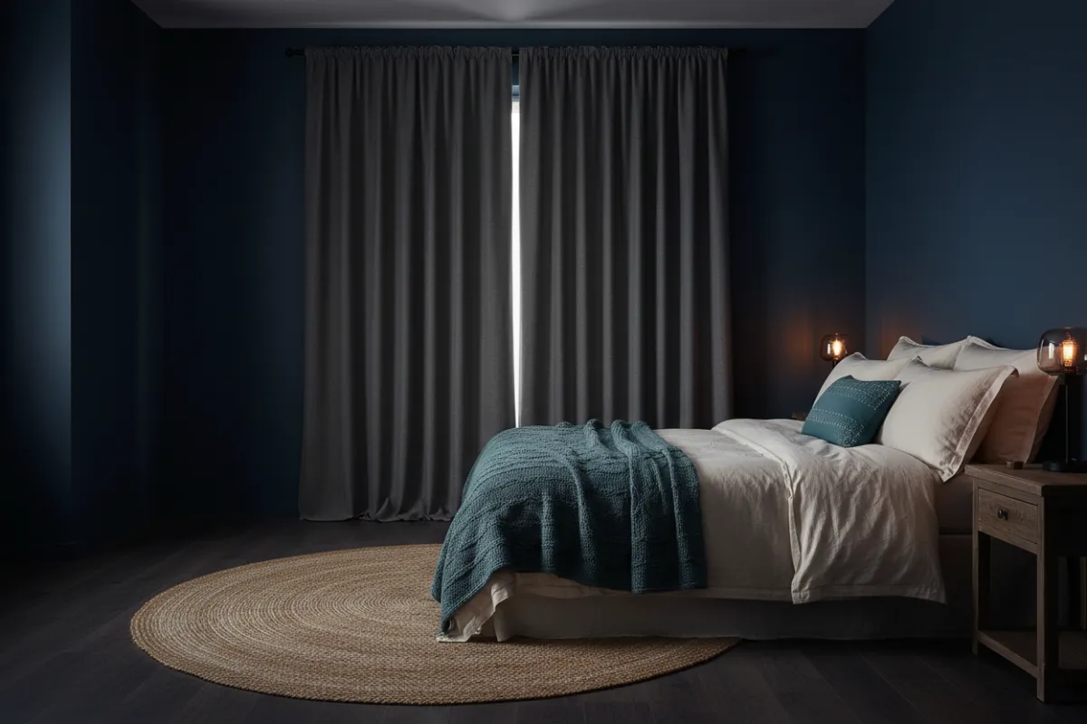 Thick premium blockout curtains closed in a bedroom for complete light control