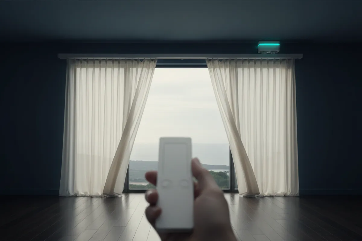 Sleek motorised curtain track system smoothly opening sheer curtains via remote control