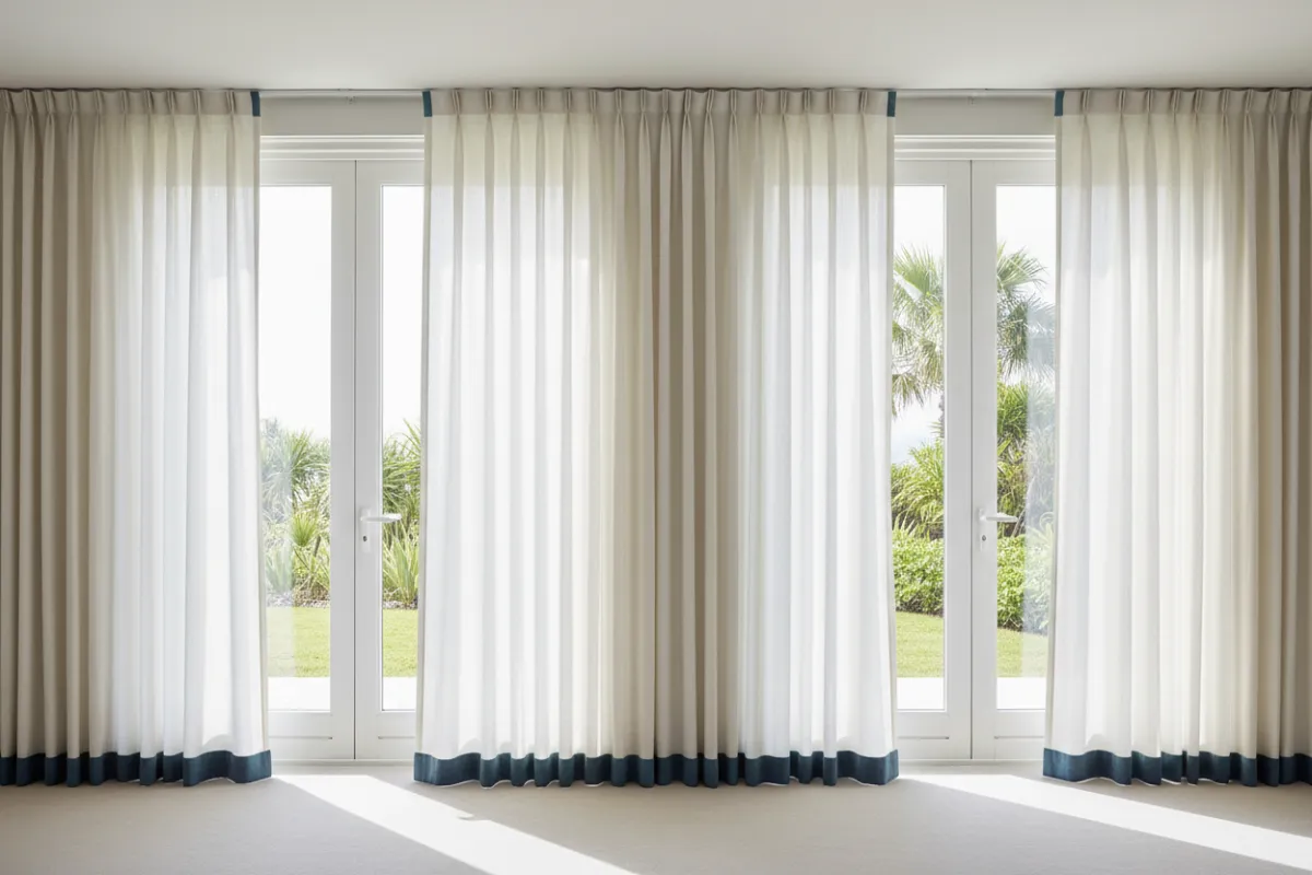 Luxurious S-Fold wave curtains on a track stretching across large glass doors