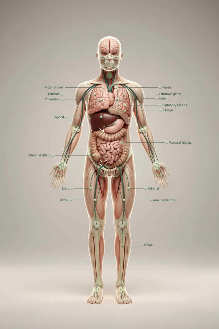 Clinical anatomy panel illustrating hormonal pathways