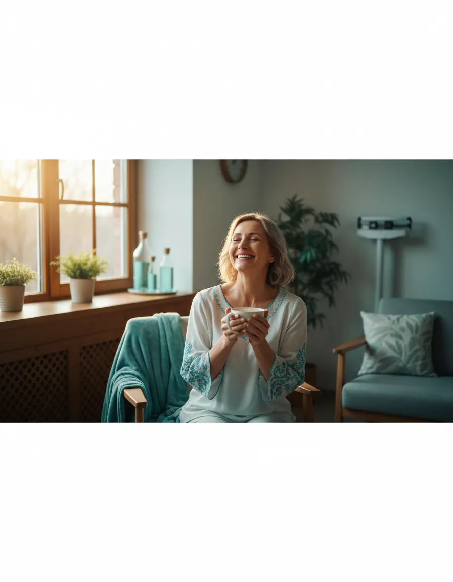 A relaxed individual looking relieved and energetic, representing weight loss success